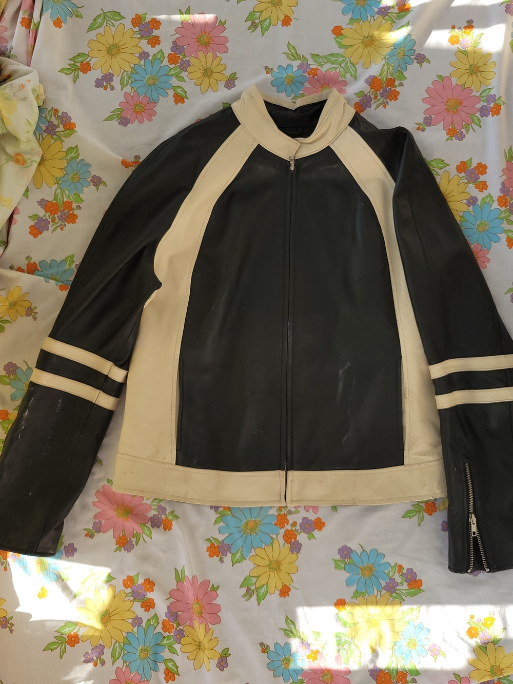 Wilsons Black and Cream Womens Leather Jacket - Classic Racer Style